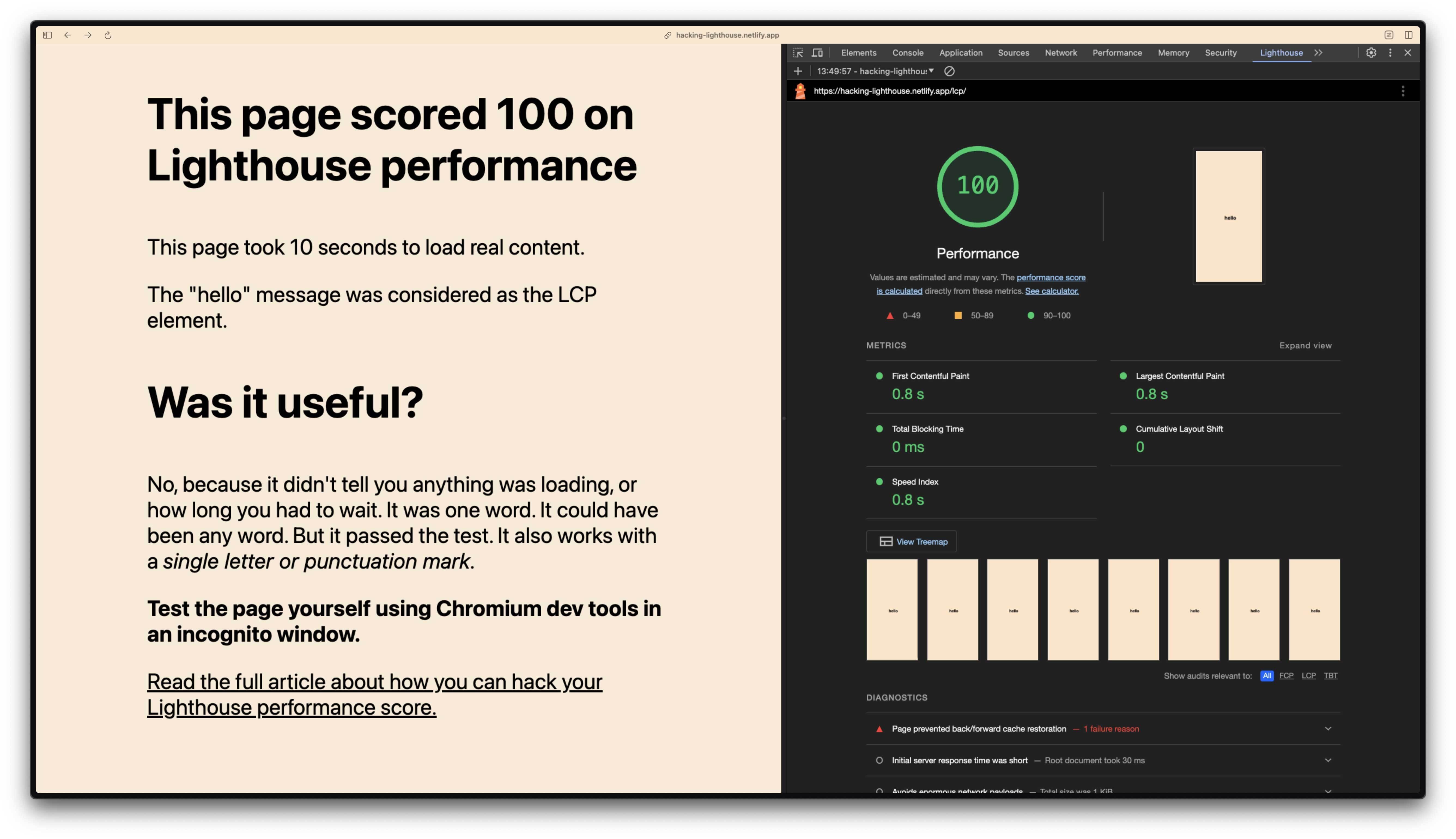 Demo page scoring 100 on Lighthouse despite taking 10 seconds to load real content