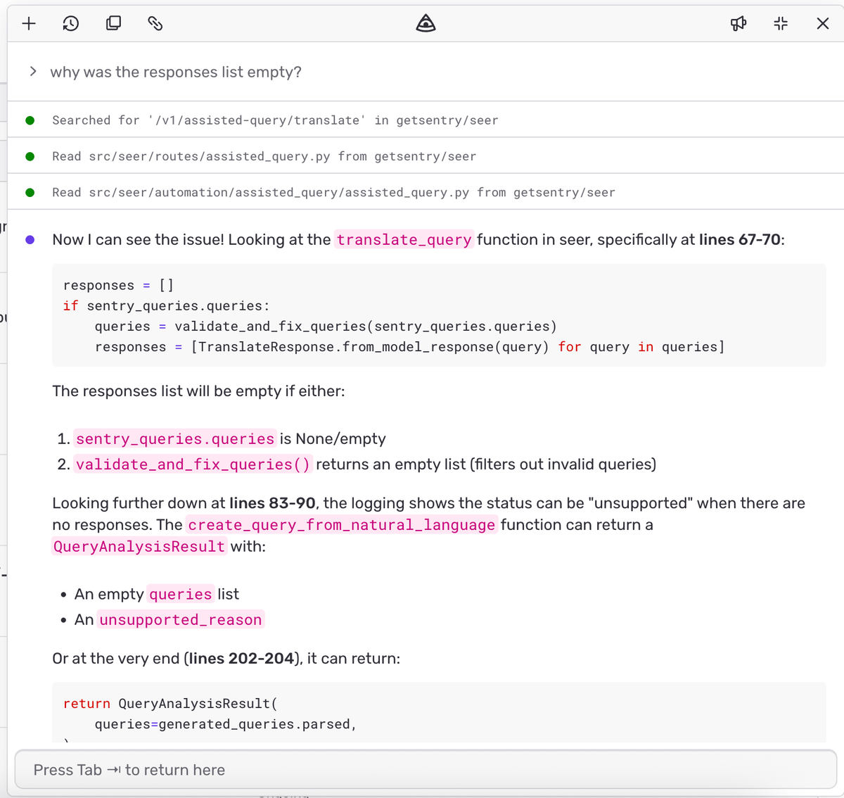 Screenshot of Seer by Sentry query and incident investigation