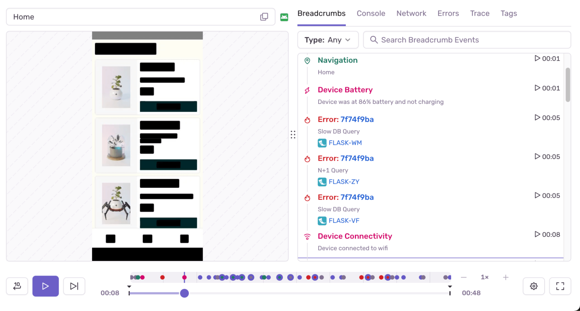 Session Replay for Mobile view in Sentry with the video-like reproduction of the application on the left, a timeline of errors and events on the bottom, and a list of Breadcrumbs showing Navigation, Device Battery, Device Connectivity, and Errors on the right.