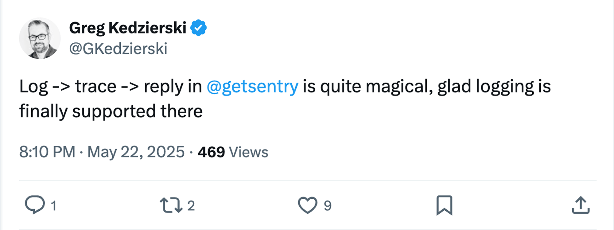 A tweet from @ananayarora saying: Sentry is a blessing especially now that they have logs
