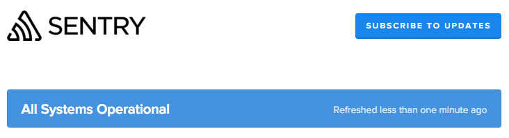 Sentry status page showing All Systems Operational banner with a Subscribe to Updates button