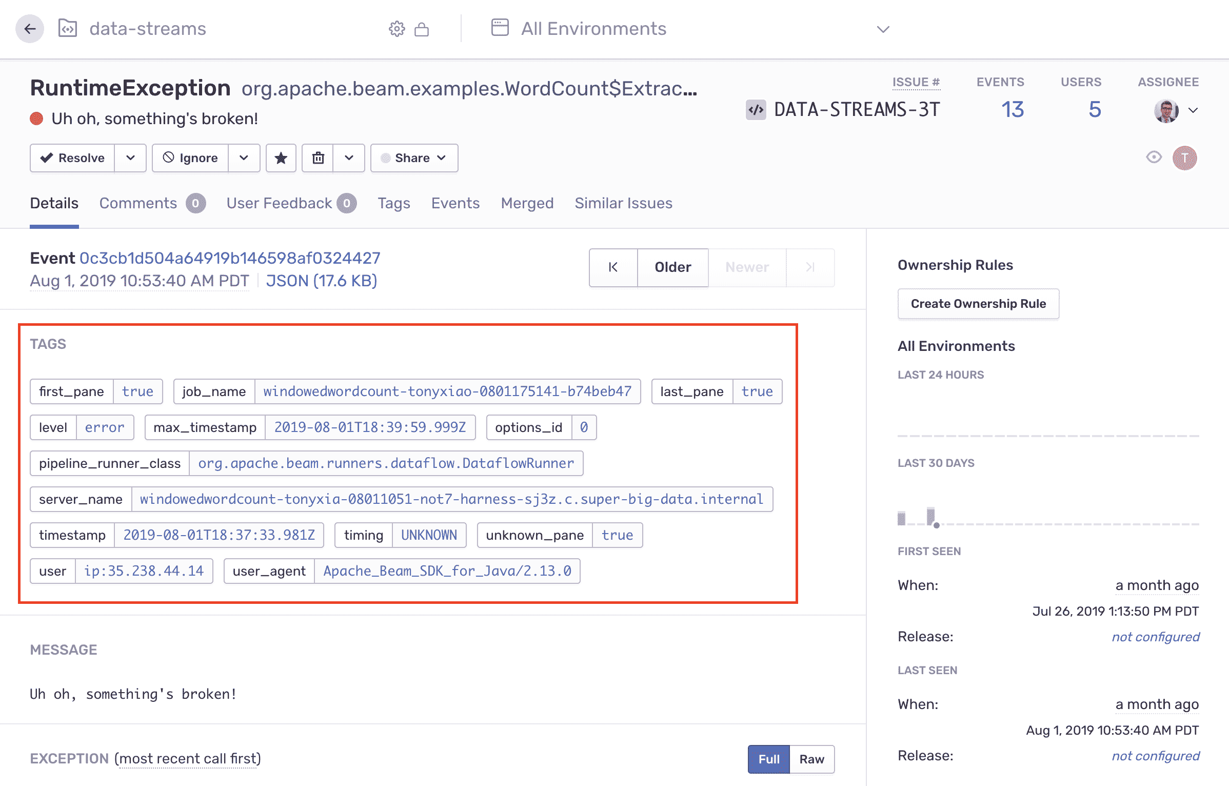 Tags associated with error received through Beam integration.