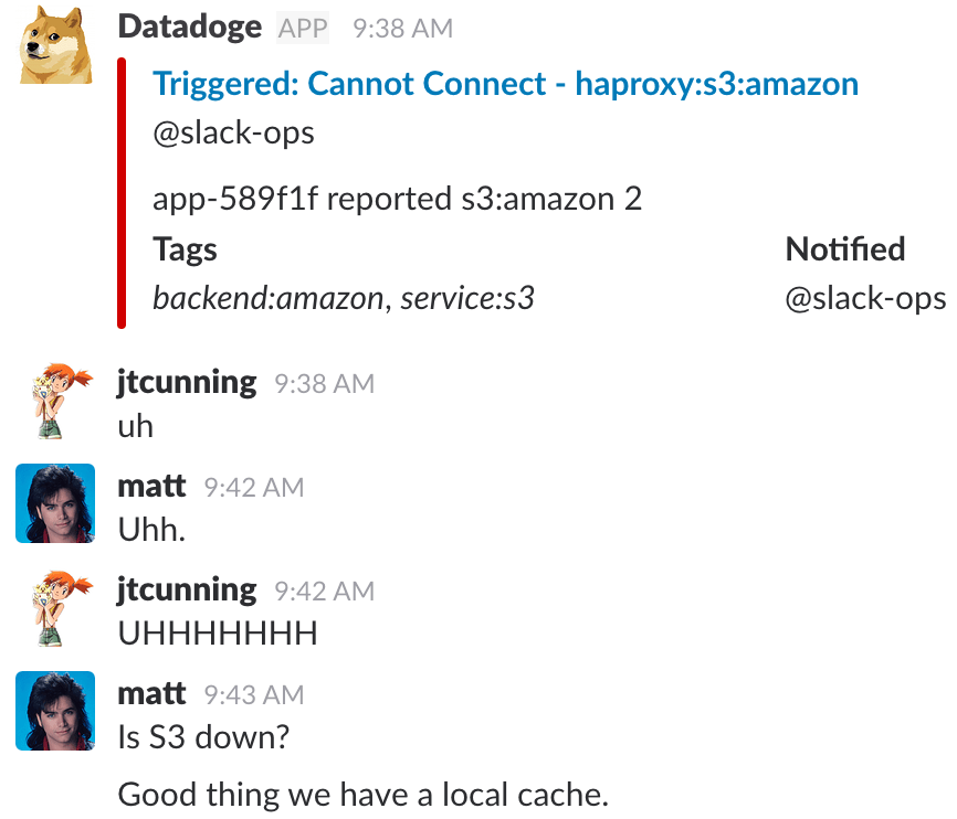Slack conversation showing HAProxy S3 connection failure alert followed by team realizing S3 is down