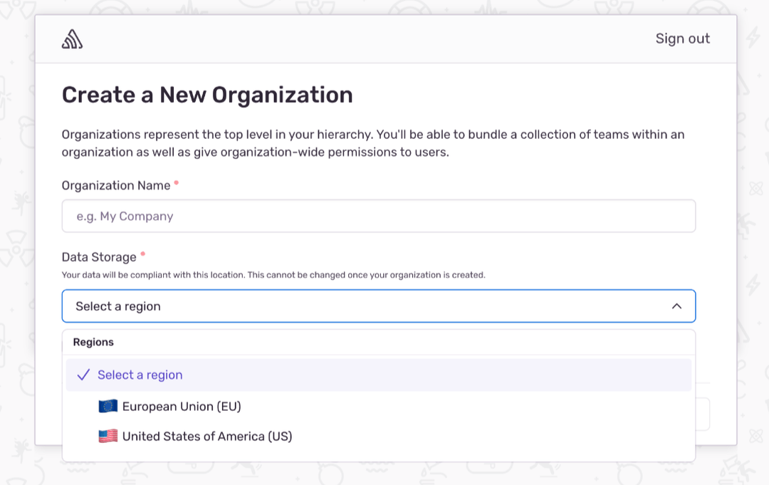 Sentry new organization form with a data storage region dropdown showing EU and US options