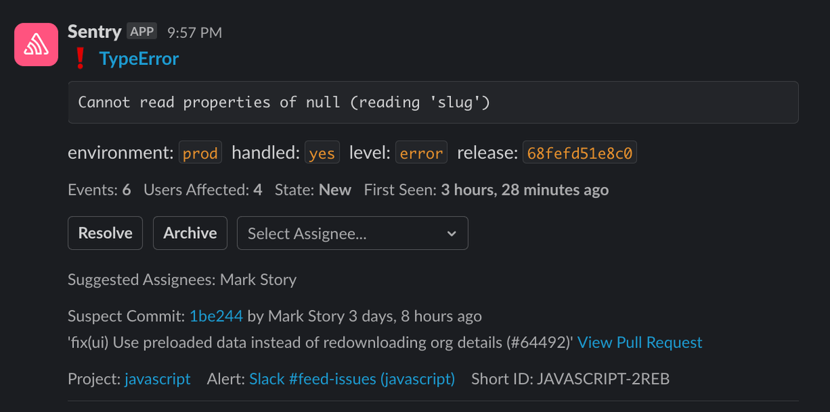 Sentry Slack notification for a TypeError with suspect commit, suggested assignee, and resolve/archive actions