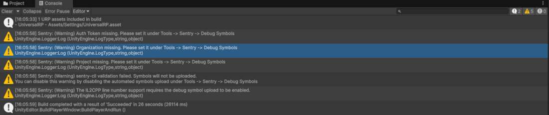 The Unity console showing logs from the process of building Sentaur Survivors.