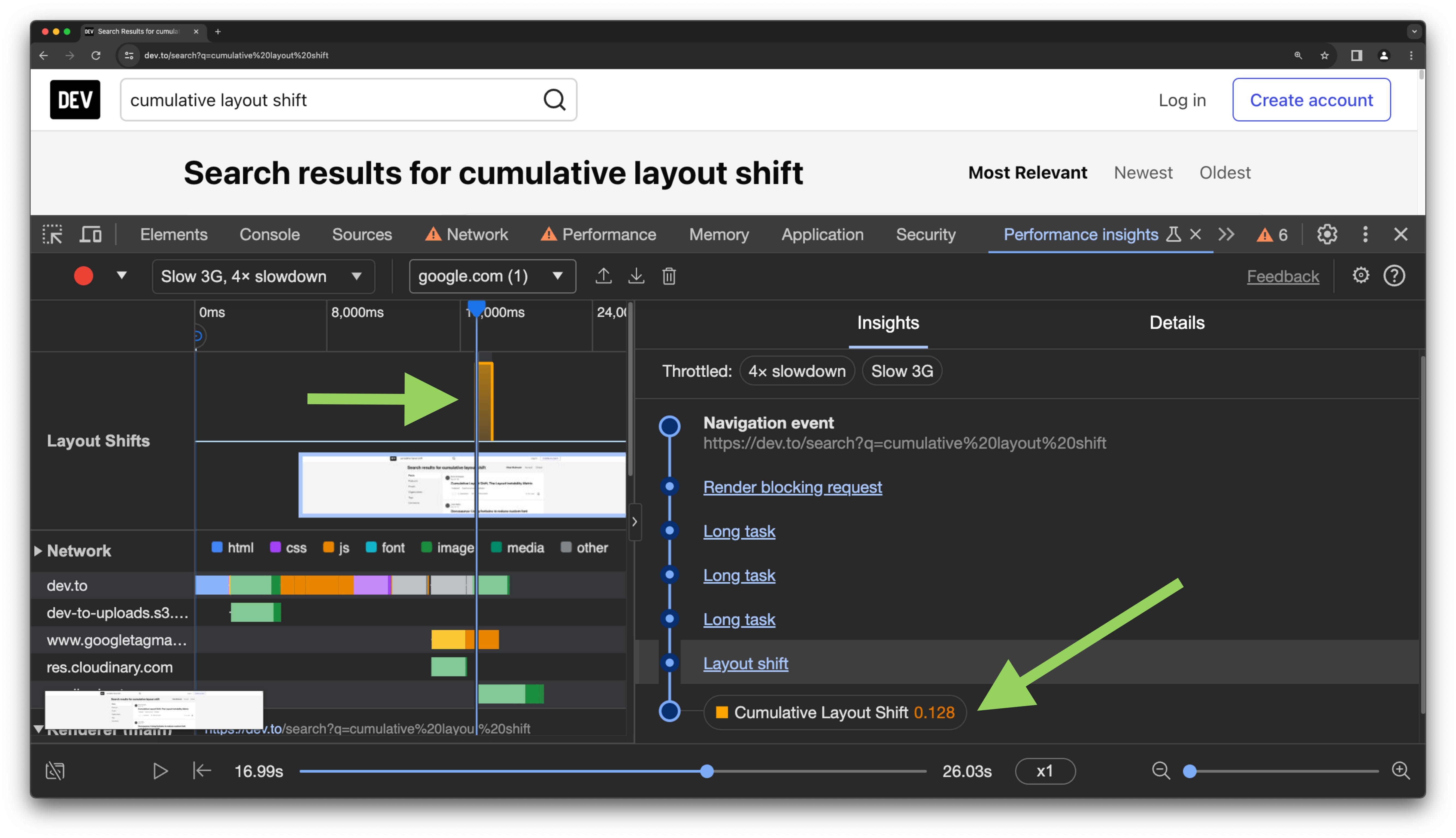 Chrome Performance Insights panel showing a layout shift event with a CLS score of 0.128