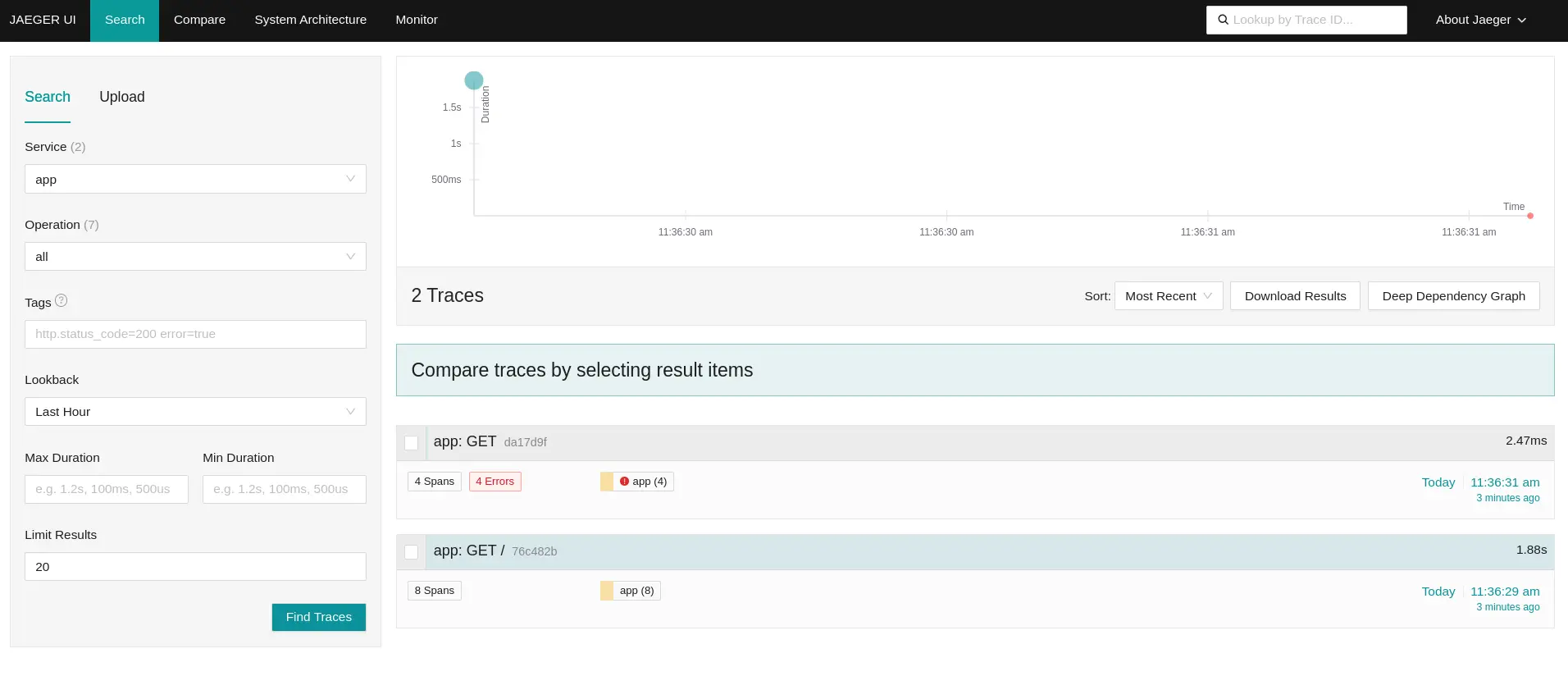 The Jaeger dashboard showing example errors