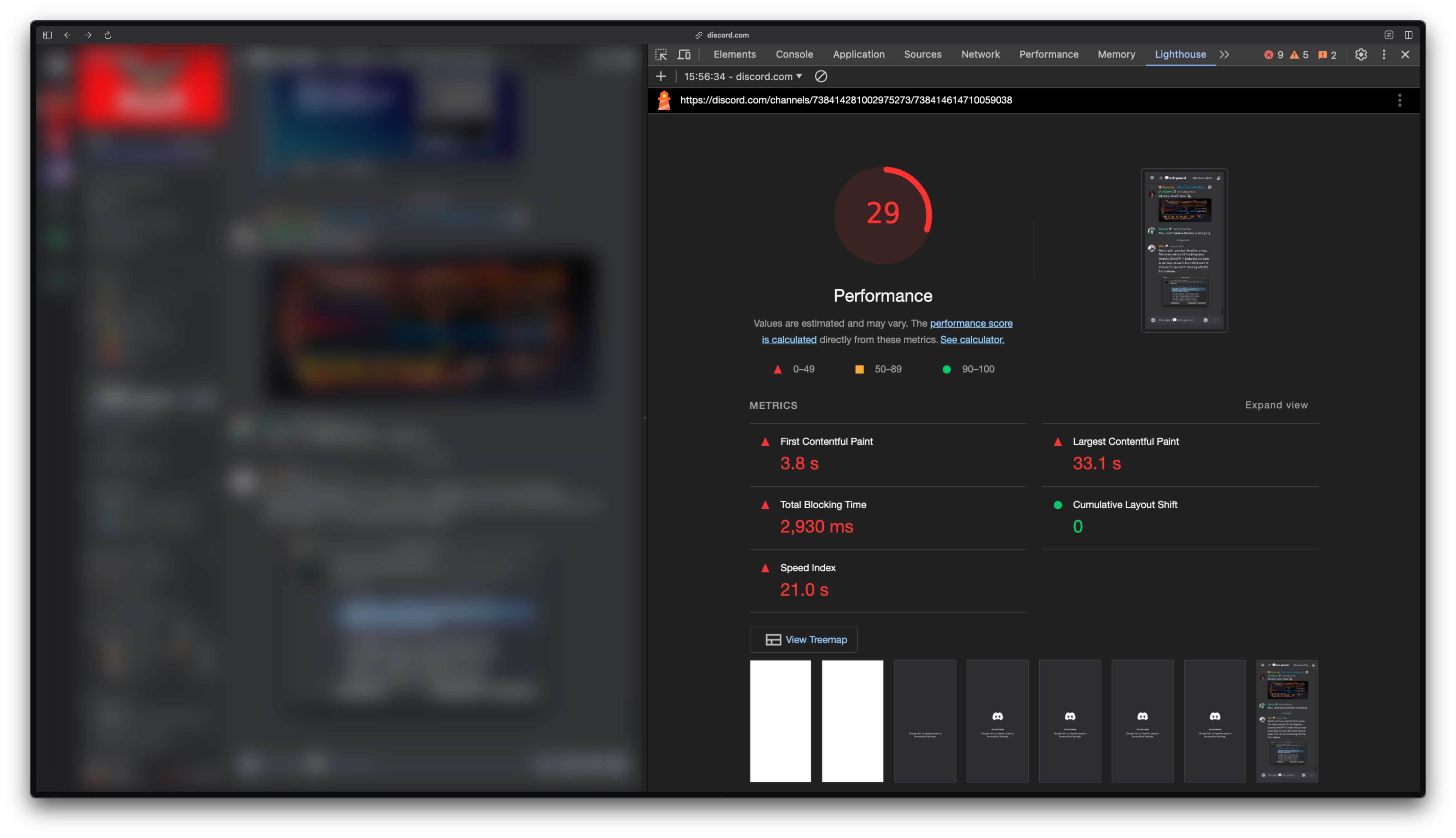 Discord app Lighthouse audit showing a performance score of 29 with 33.1s LCP and 21s Speed Index