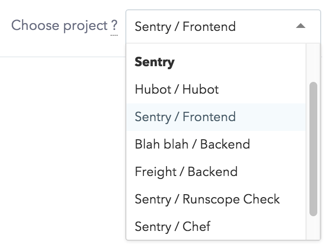 Sentry docs project selector dropdown listing available projects for context-aware code examples