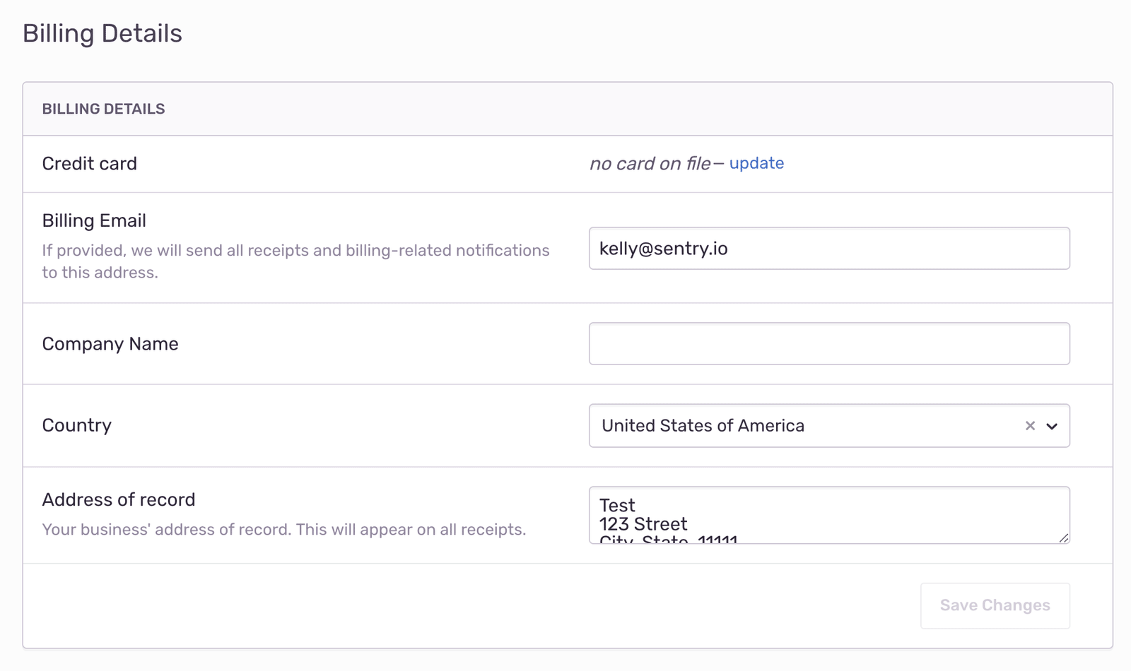 Sentry billing details