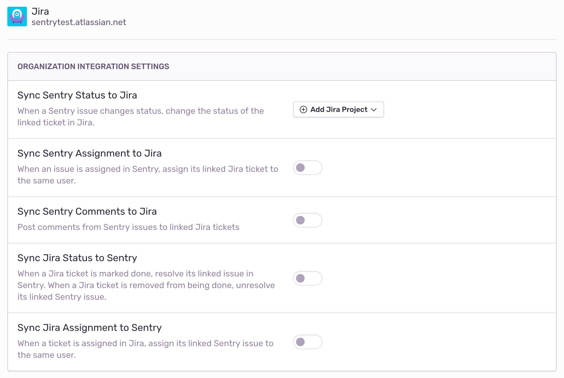 Sentry Jira Organizational Settings