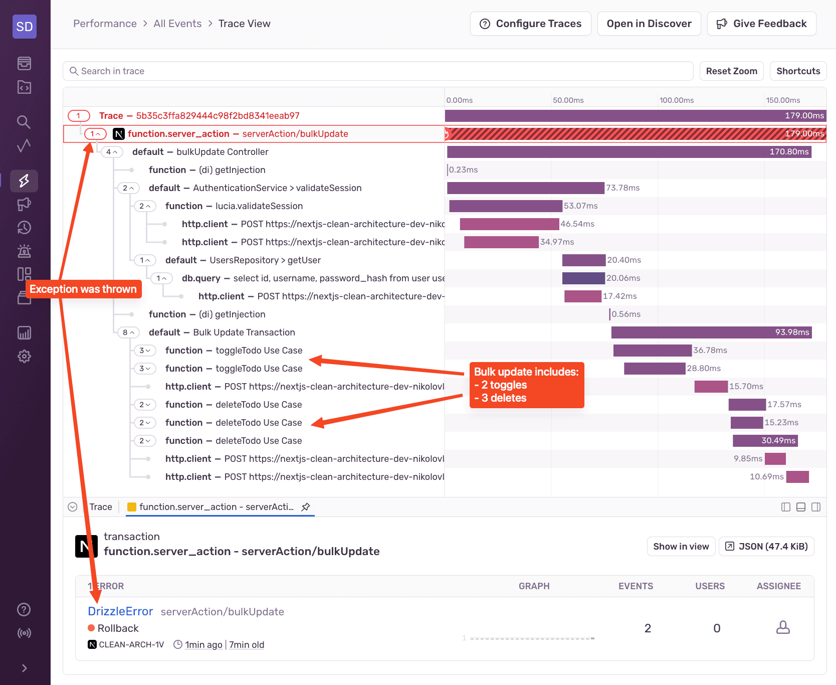 Sentry trace view of a bulk update with toggle and delete operations ending in a DrizzleError rollback