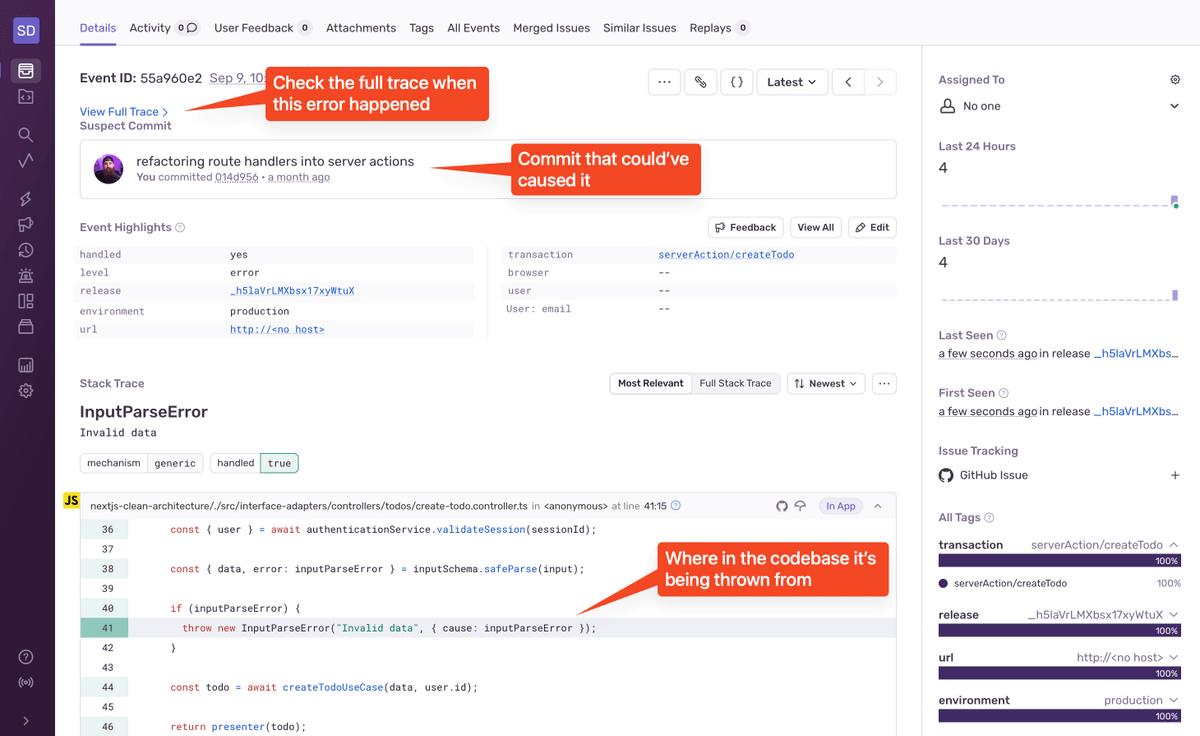 Sentry issue detail for InputParseError showing stack trace, suspect commit, and trace link