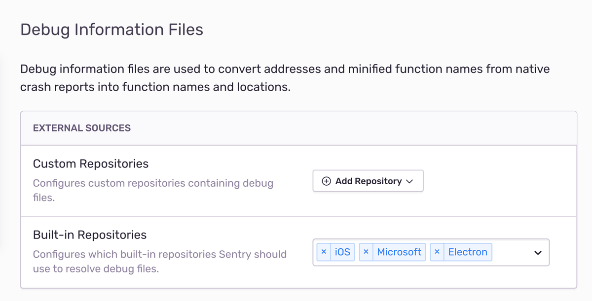 Debug information file settings in Sentry