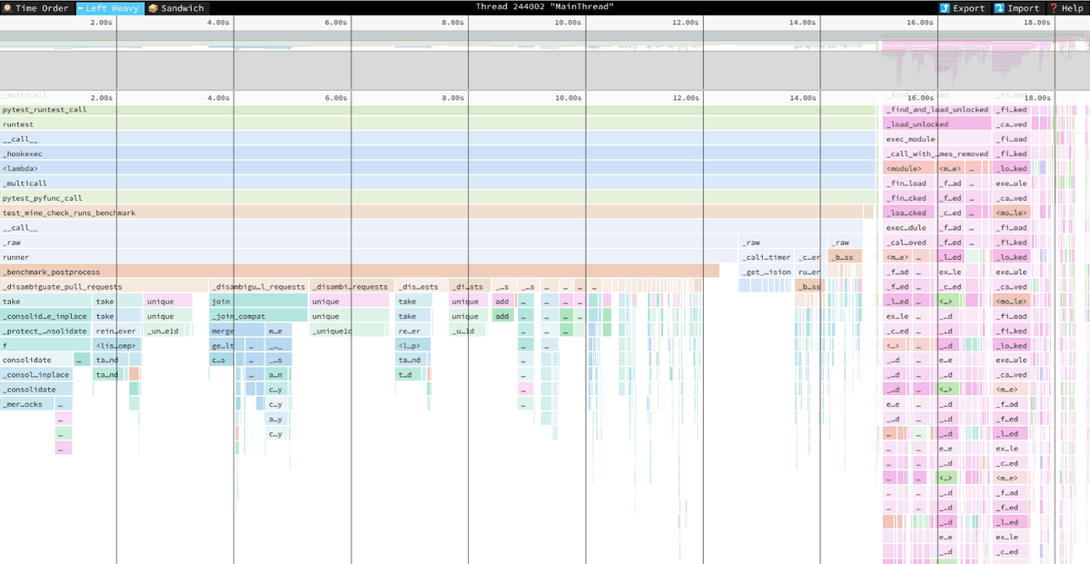 Speedscope left-heavy flamegraph at iteration 0 showing wide _disambiguate_pull_requests flames