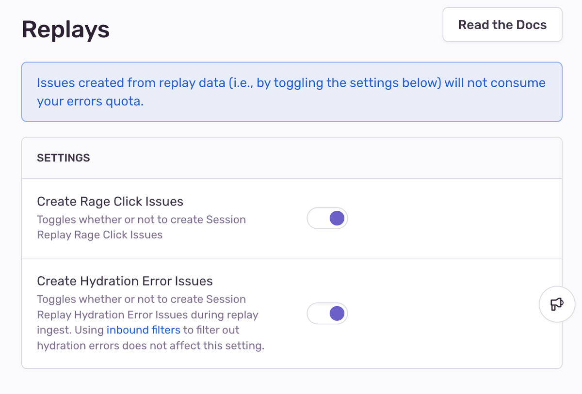 Sentry Replays settings with Create Rage Click Issues and Create Hydration Error Issues toggles enabled