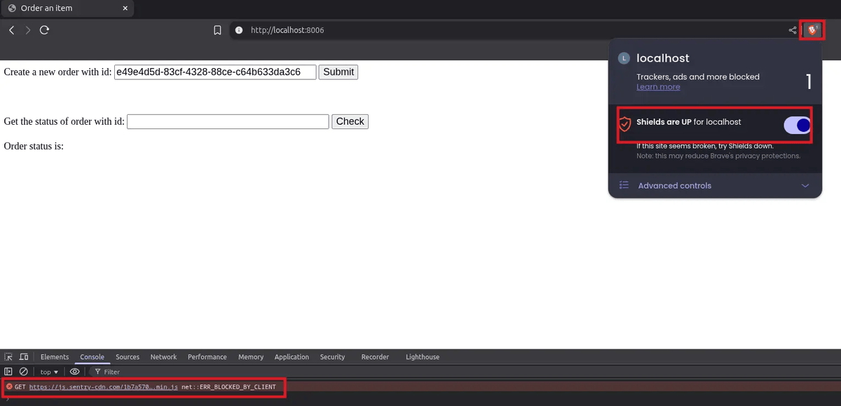 Brave browser showing a localhost order page with Shields enabled, highlighting blocked trackers and a console error where a Sentry CDN script is blocked by the client.