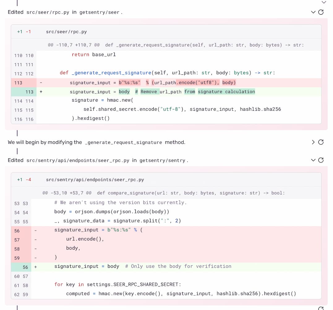 A screenshot of two diffs generated by Autofix in two separate repositories, solving an authentication bug across microservices