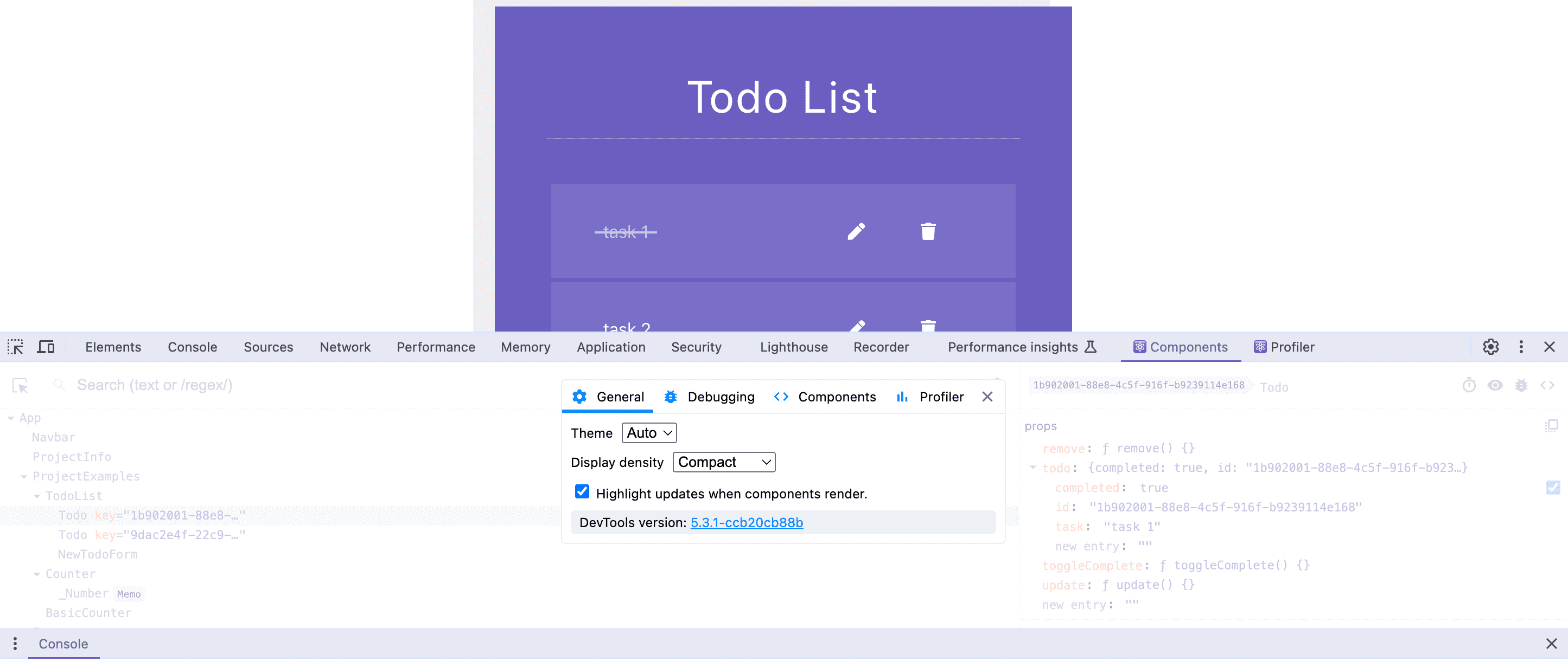React DevTools Settings dialog showing General tab with highlight updates when components render option