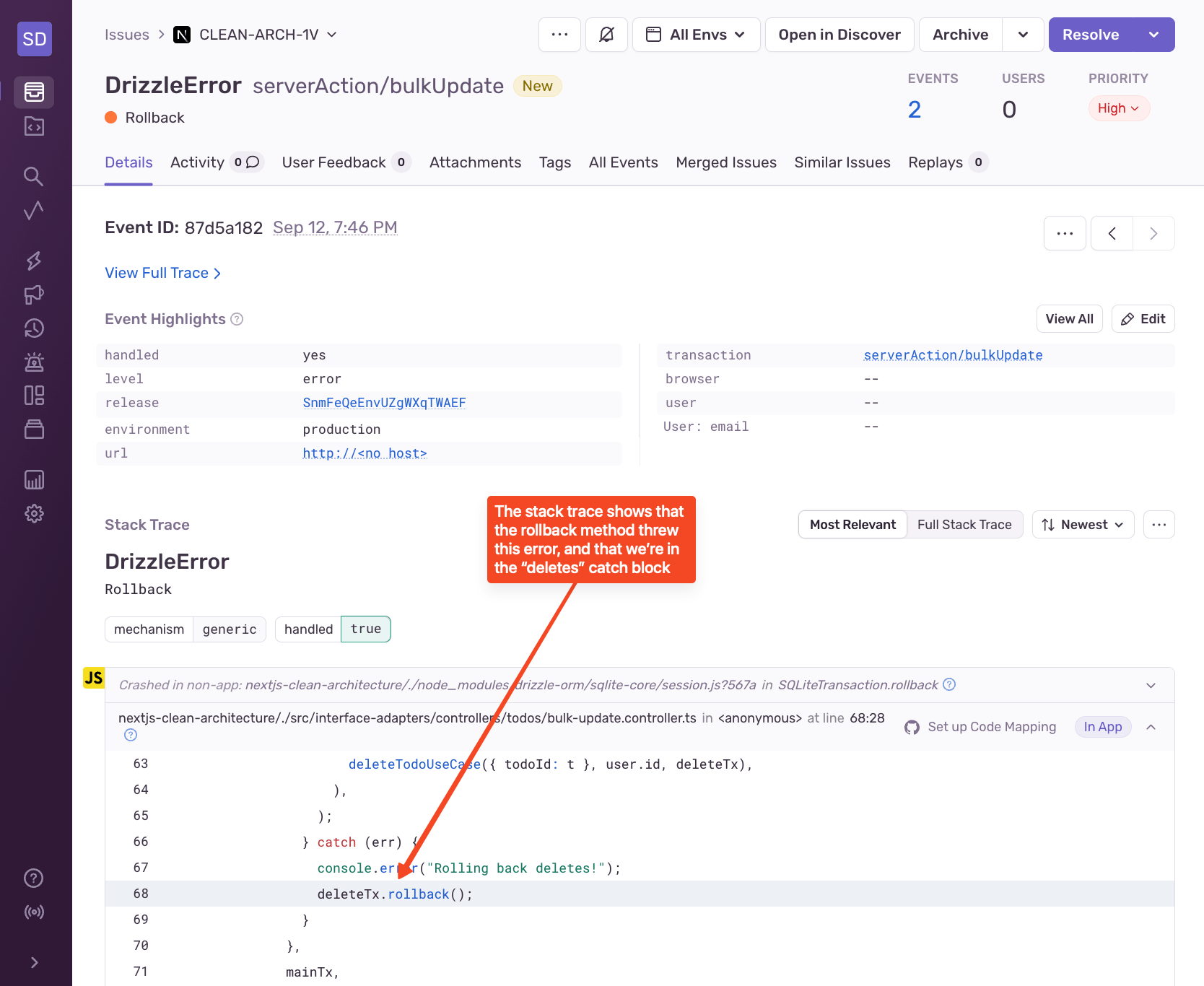 Sentry issue detail for DrizzleError showing stack trace pointing to deleteTx.rollback() call