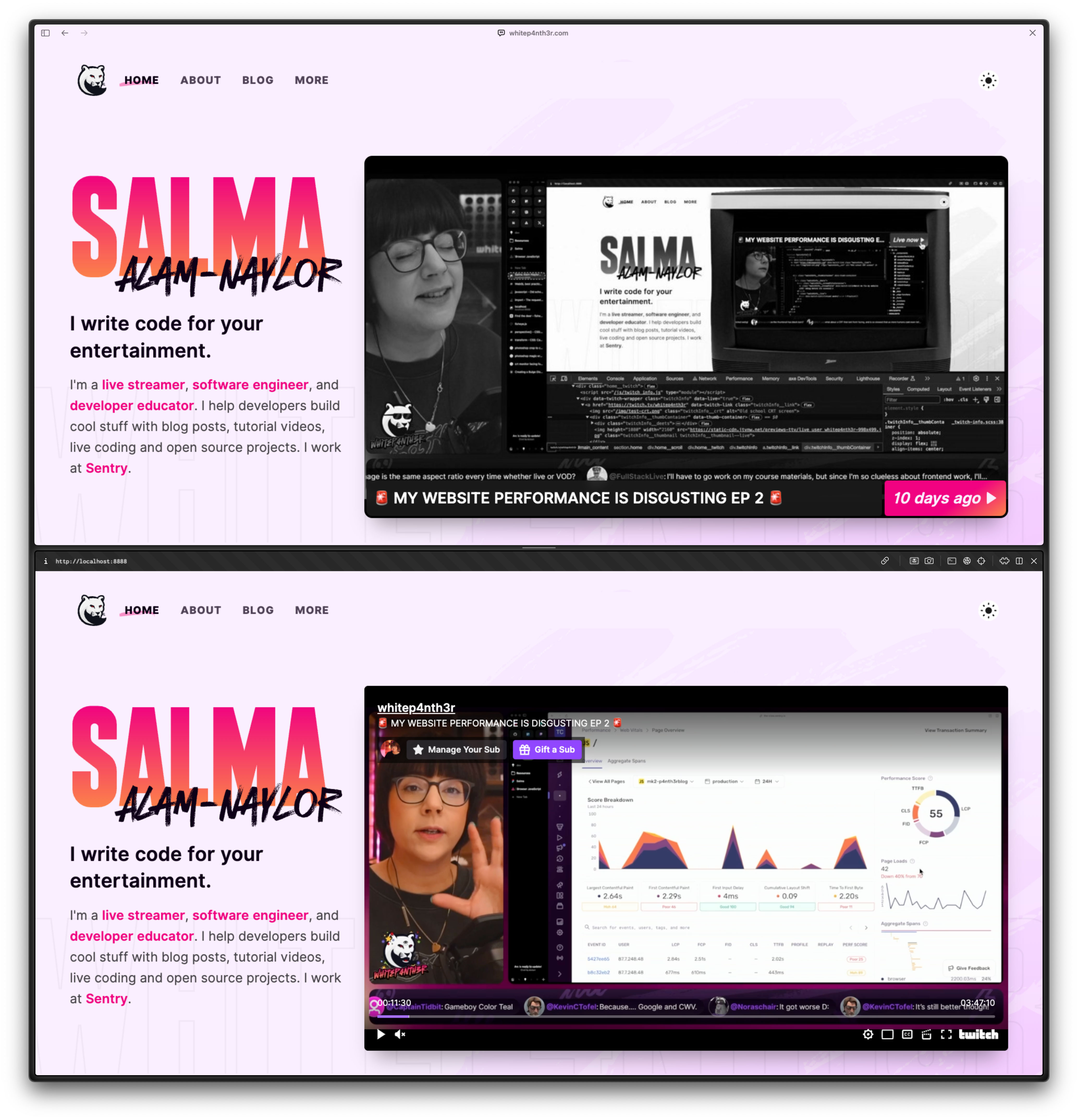 Two screenshots of my website home page. The top screenshot shows what the page looks like when I'm not live. It contains a monochrome thumbnail with the stream title, and how long ago the stream was created. The bottom screenshot shows the twitch video player, which appears when I'm live.