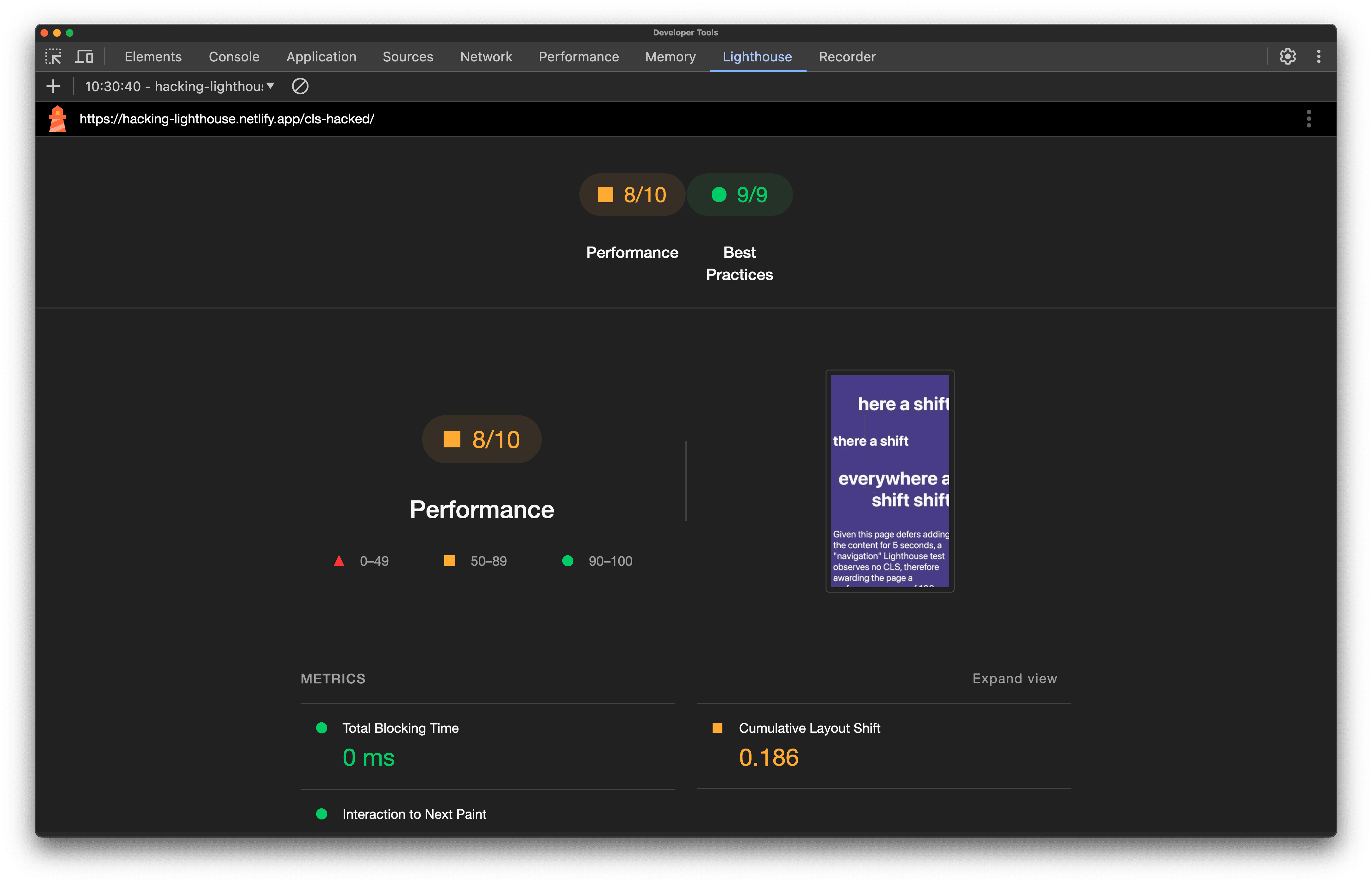 Screenshot of a timespan test performed on the same page with layout shifts, with a cumulative layout score of 0.186.