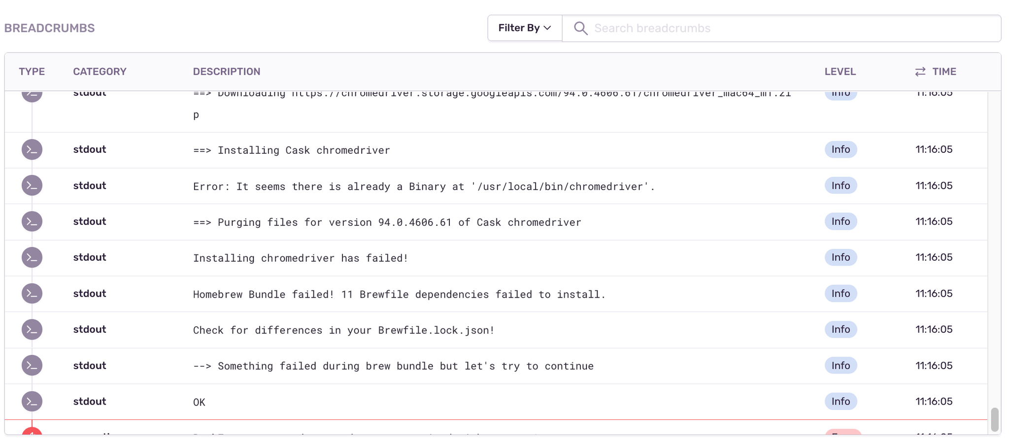 Sentry breadcrumbs showing Homebrew and chromedriver dependency installation failures