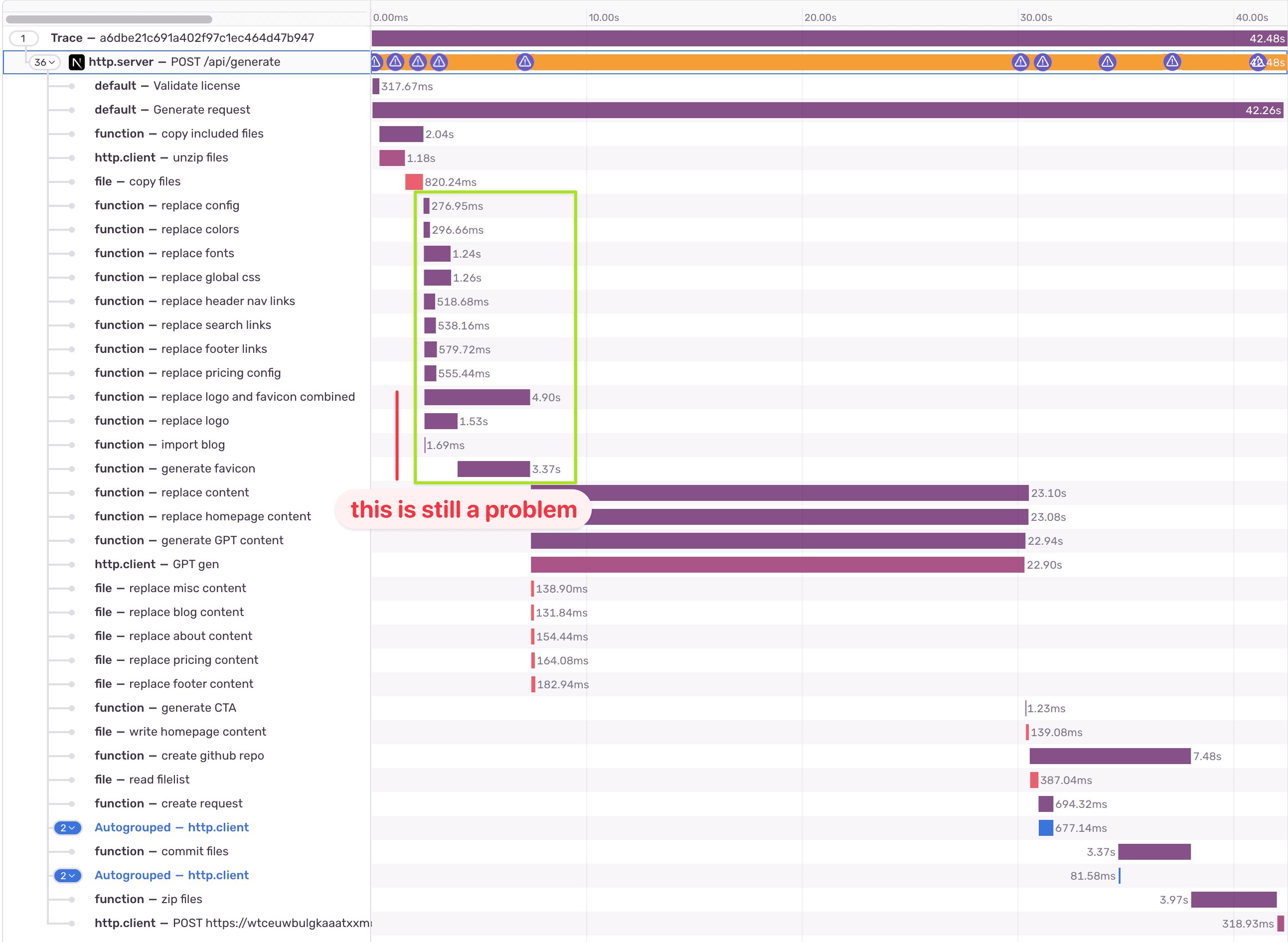 Trace View at 42.48s after parallelizing decoupled spans, with image processing still sequential