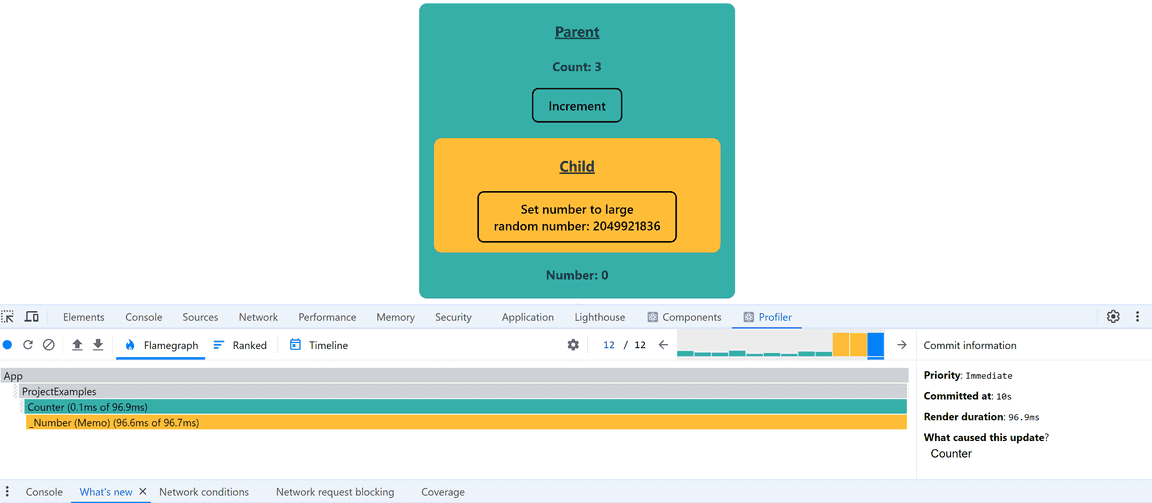 React Profiler flamegraph showing Counter component render at 96.9ms with commit information