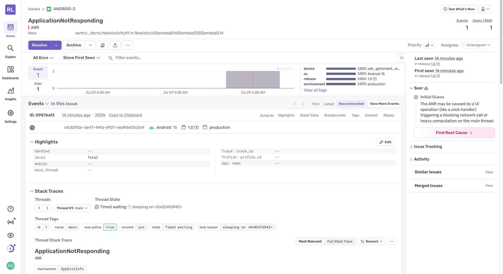 Sentry screenshot of an application not responding error in an Android application