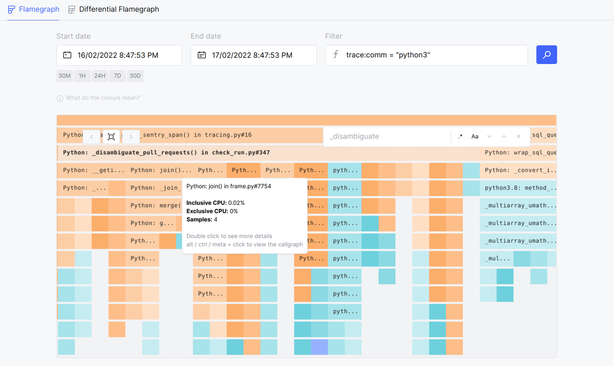 Prodfiler production flamegraph of _disambiguate_pull_requests with CPU sample tooltip