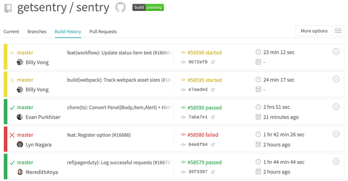Travis CI build history for getsentry/sentry showing passed, failed, and in-progress builds