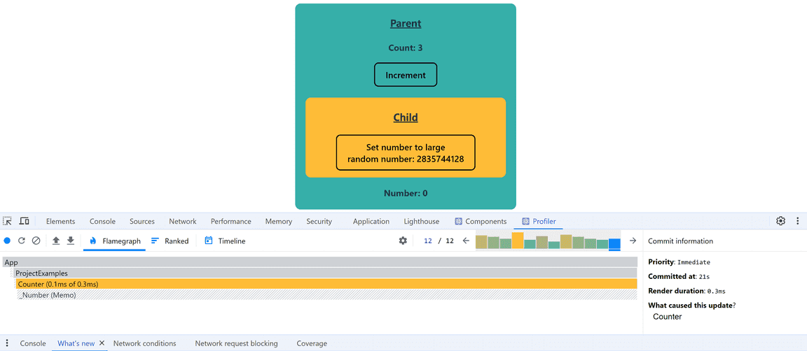 React Profiler Flamegraph showing fixed re-render with useCallback, Number component no longer re-rendering