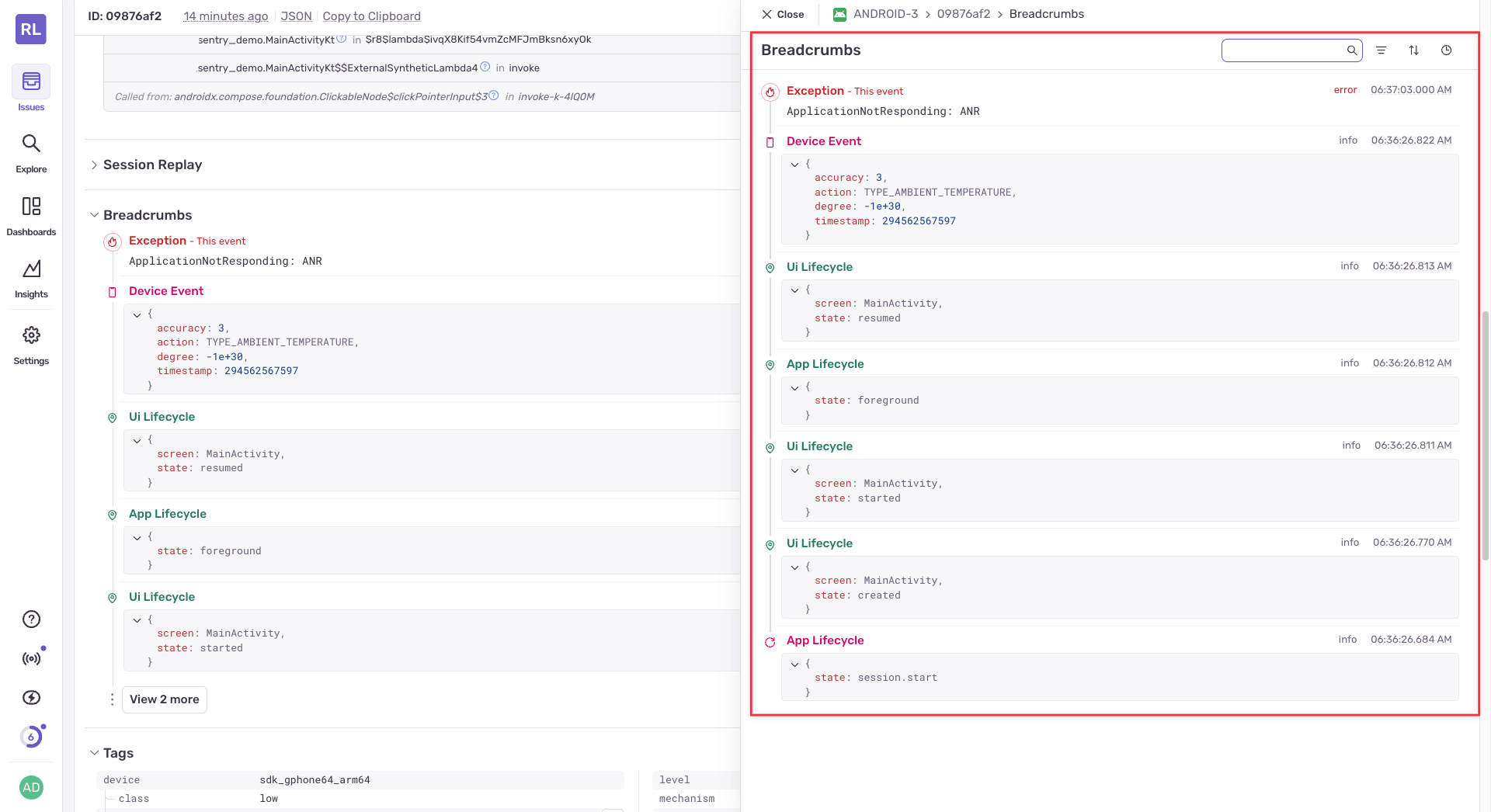 Sentry screenshot with the breadcrumbs section highlighted of an ANR error