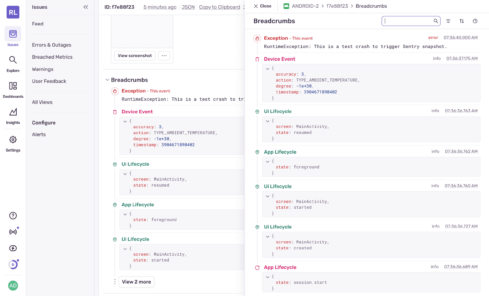Example of breadcrumbs in the Sentry UI