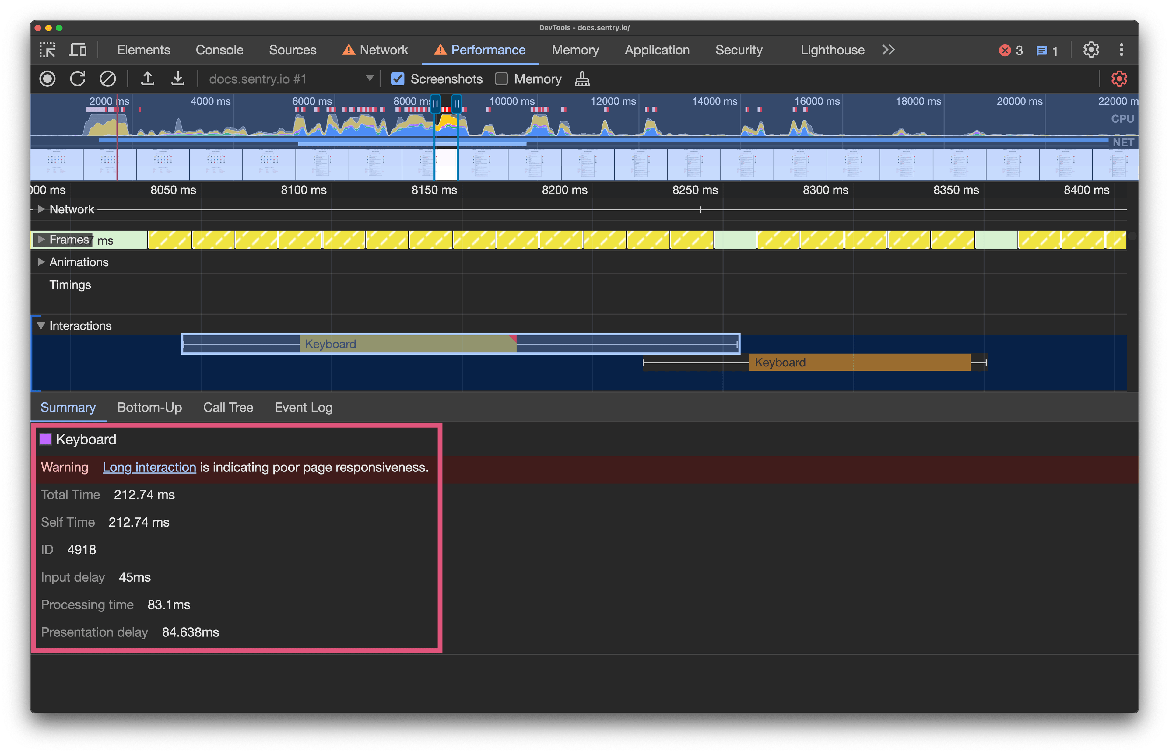 Warning, long interaction is indicating poor page responsiveness in the summary tab for the keyboard interaction.