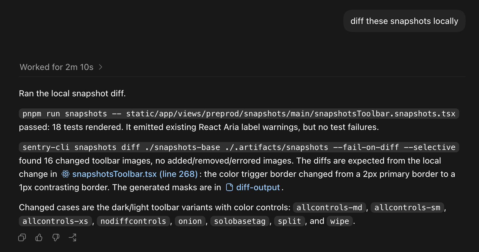 Terminal output showing local snapshot diff detecting 16 changed toolbar images from a border style change