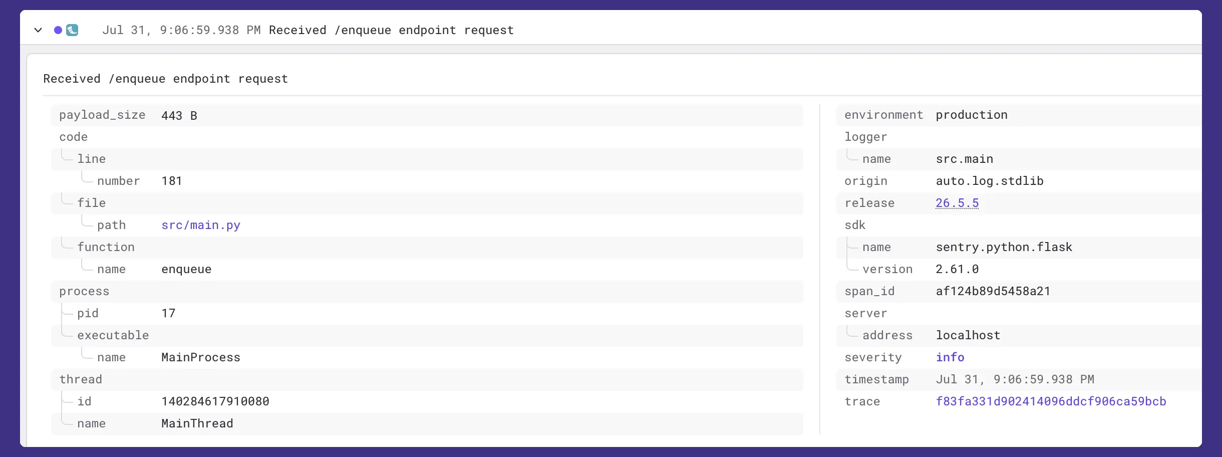 Sentry log details panel showing full attribute data including timestamp, severity, trace ID, and code location