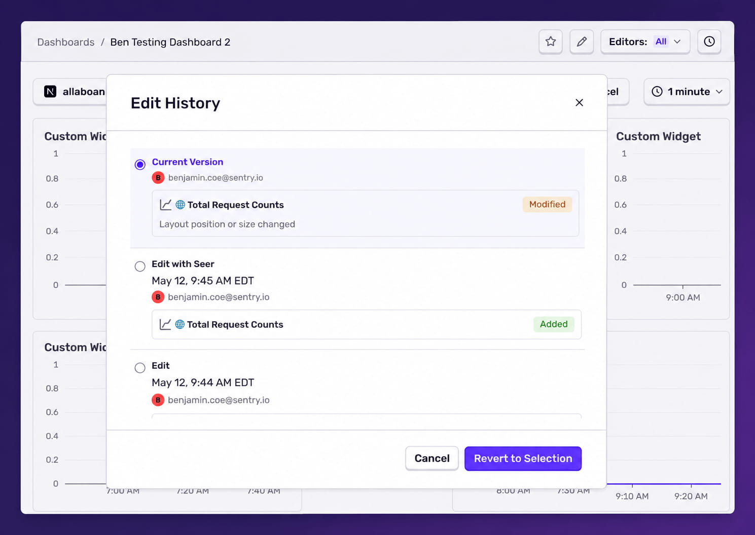 Sentry dashboard edit history modal showing revision timeline with Revert to Selection option