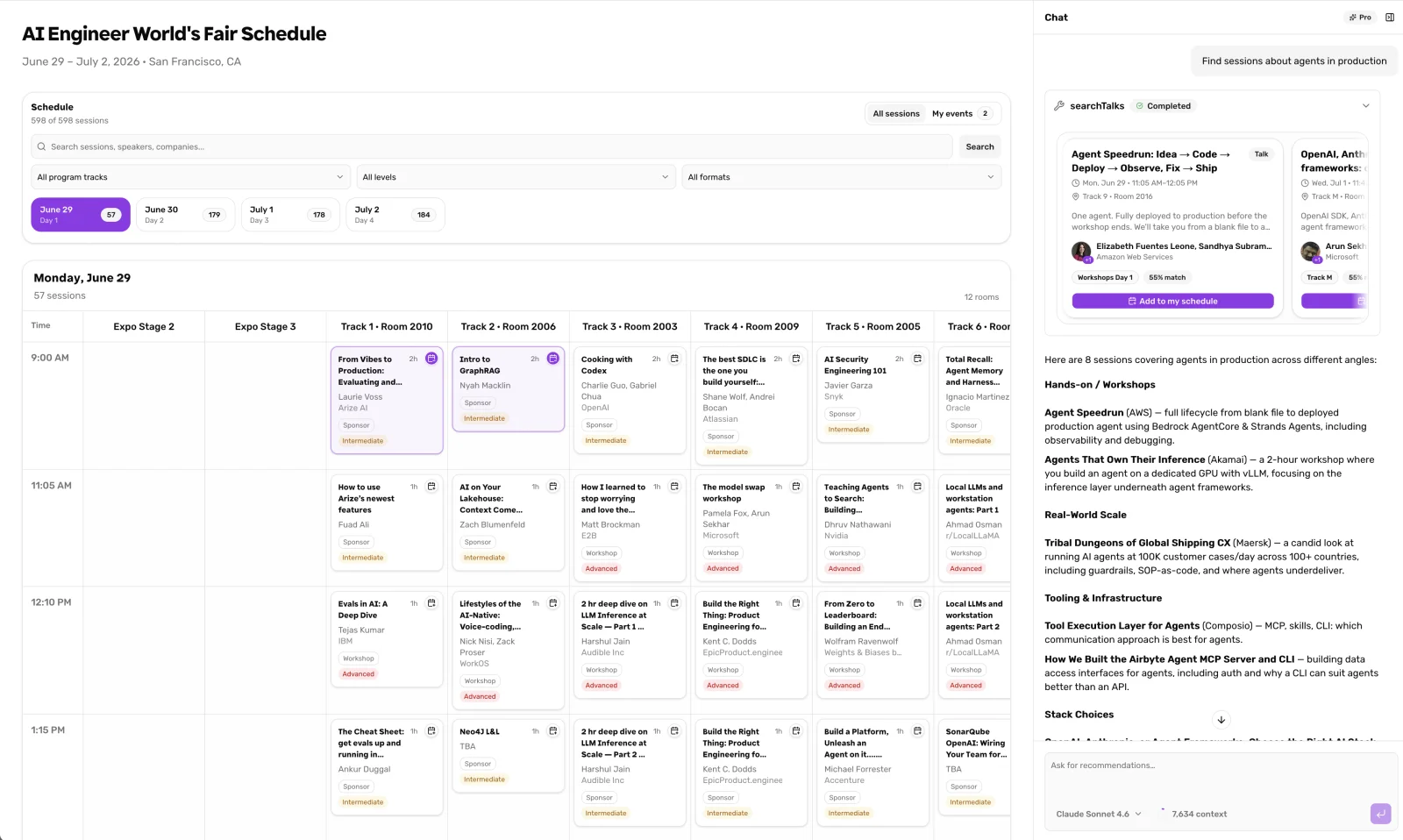 The AI Engineer World's Fair schedule assistant: a conference schedule grid on the left and a chat panel on the right returning session cards for a question about agents in production.