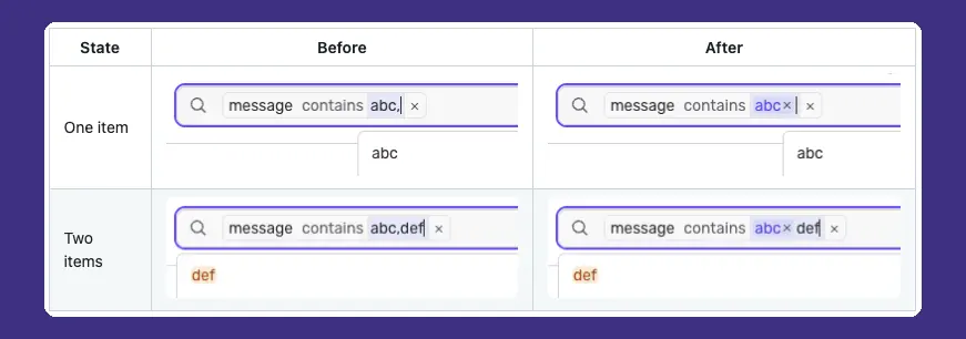 Before and after comparison of search filter chips, showing comma-separated values converted to individual removable chips