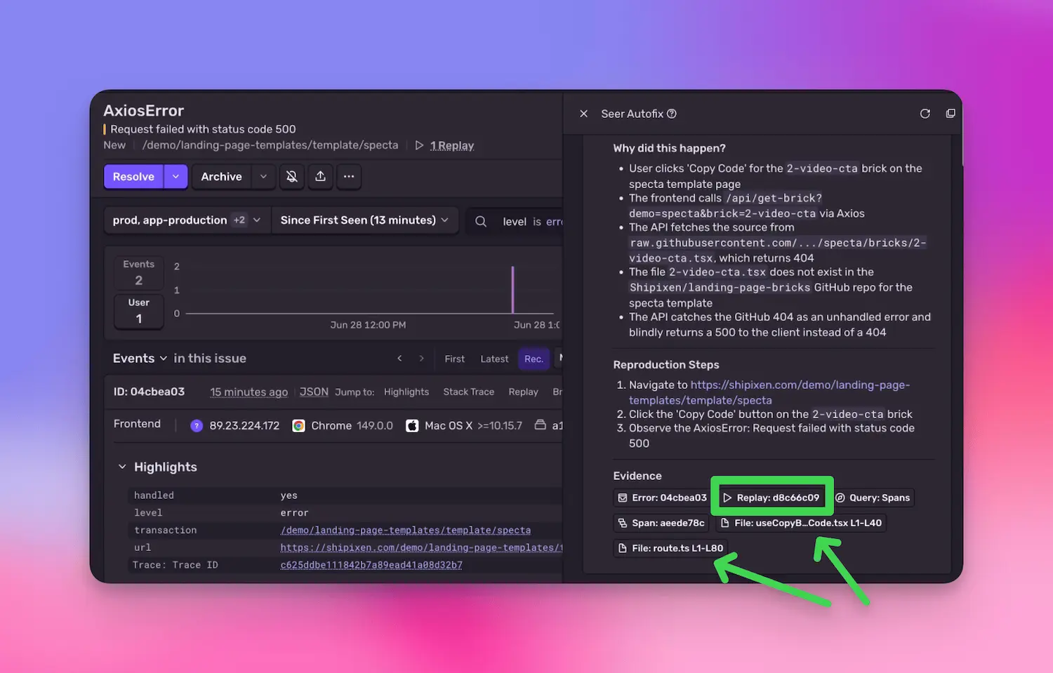 Seer Autofix root cause analysis with Session Replay, Error, Spans, and code files listed as evidence