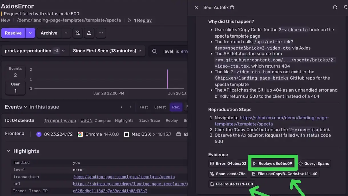 Sentry issue view with Seer Autofix panel showing root cause analysis alongside replay and span evidence