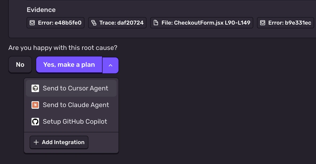 Seer's make a plan button expanded to show Send to Cursor Agent, Send to Claude Agent and Setup GitHub Copilot