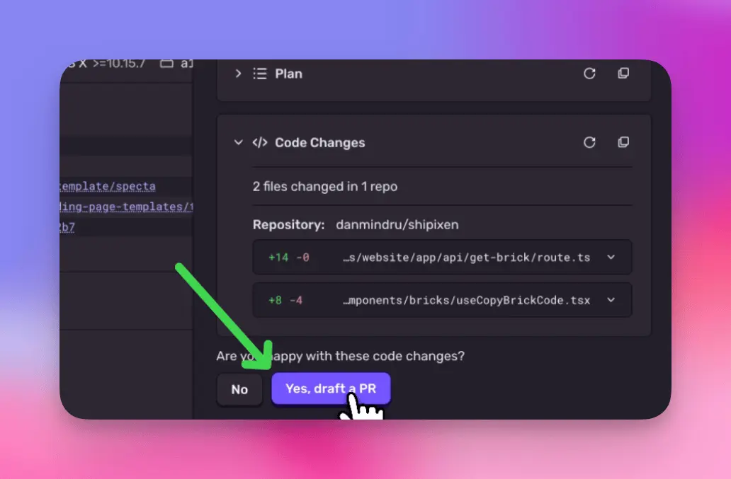 Seer Autofix code changes panel showing two modified files with a Yes draft a PR button
