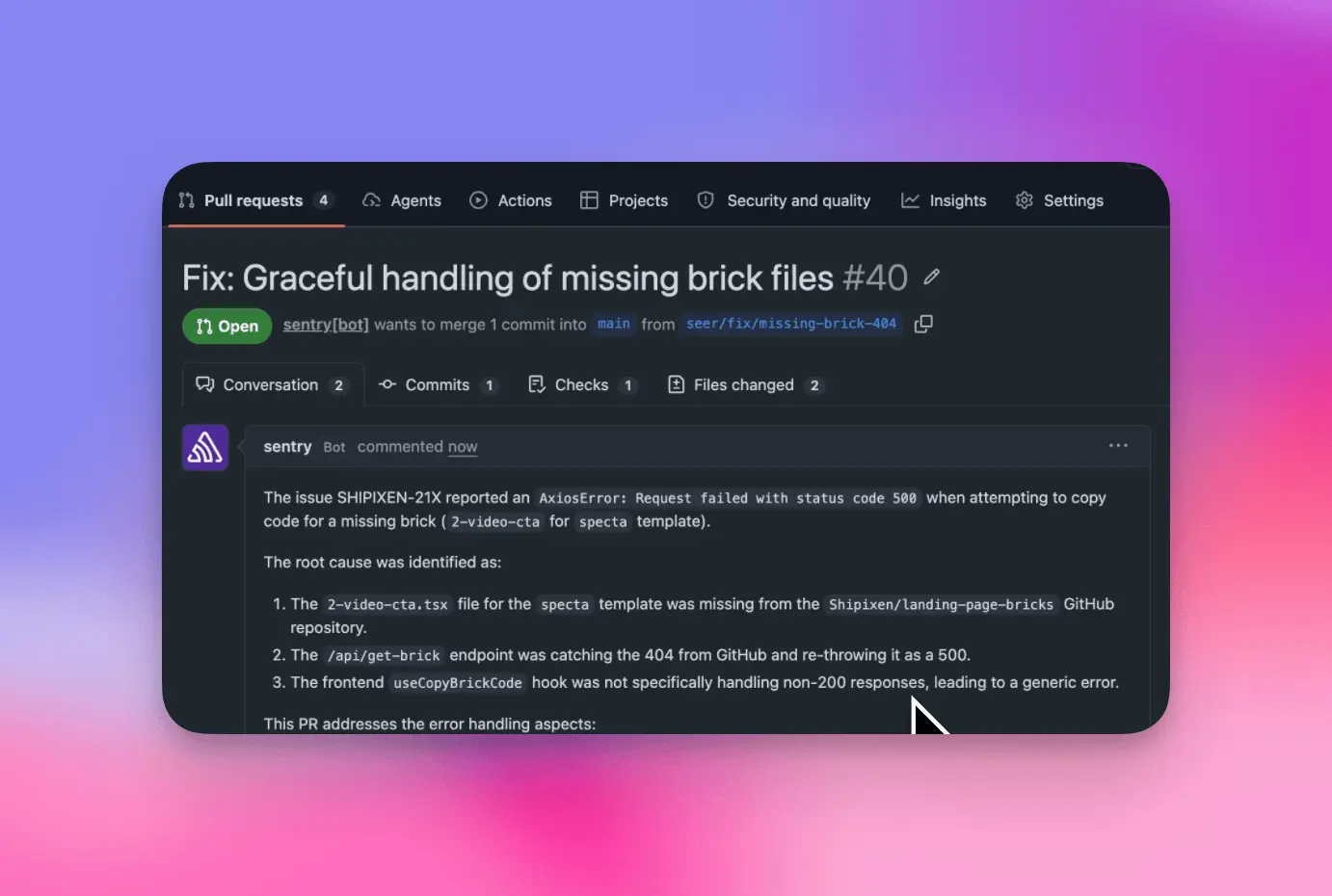 GitHub pull request opened by Sentry bot to fix graceful handling of missing brick files