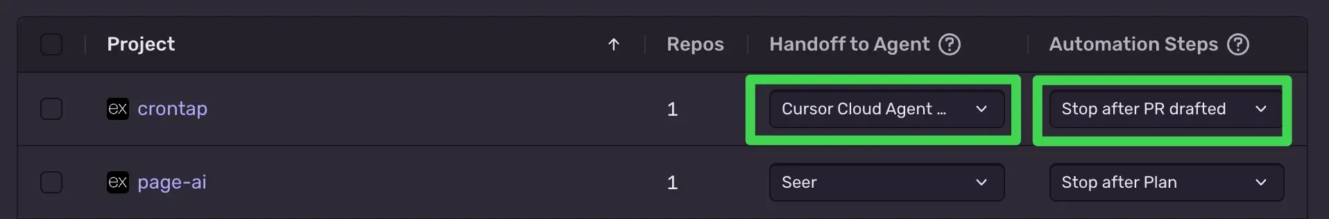 Seer project settings showing Handoff to Agent set to Cursor Cloud Agent and Automation Steps set to Stop after PR drafted