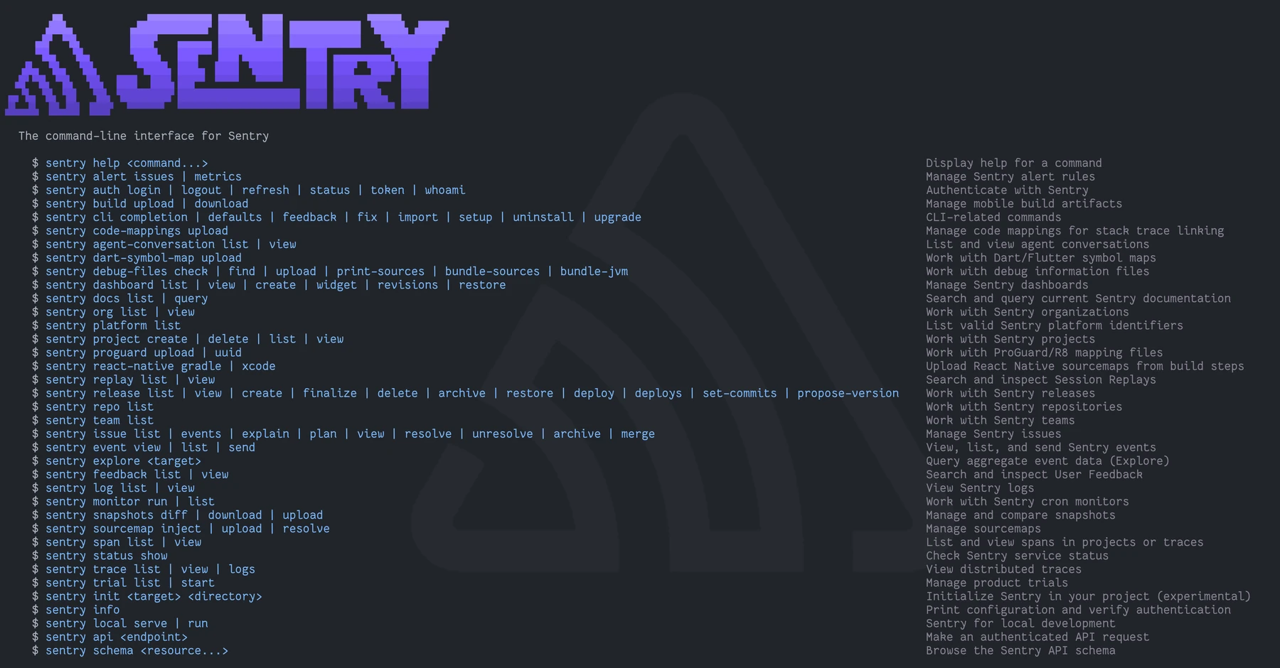 The Sentry CLI command reference, listing commands for issues, releases, projects, traces, sourcemaps and more