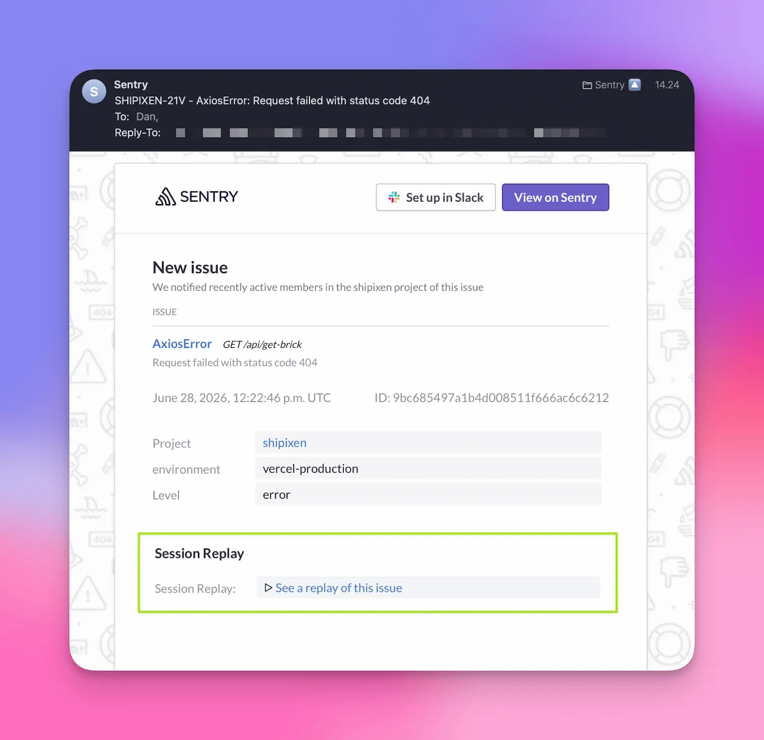 Sentry email notification for AxiosError 404 with Session Replay link highlighted